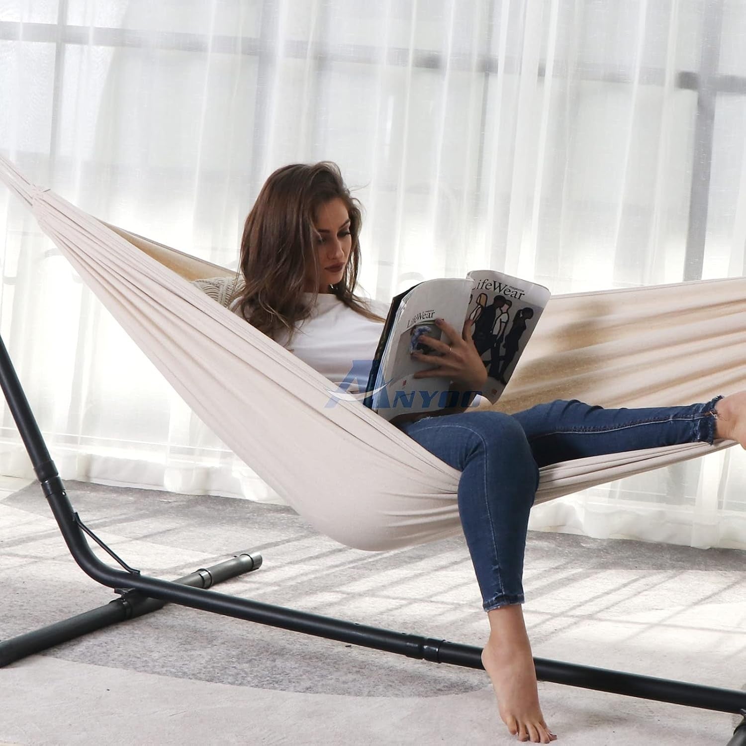 Portable Cotton Hammock with Tree Straps & Travel Bag, 1 Person, 300kg