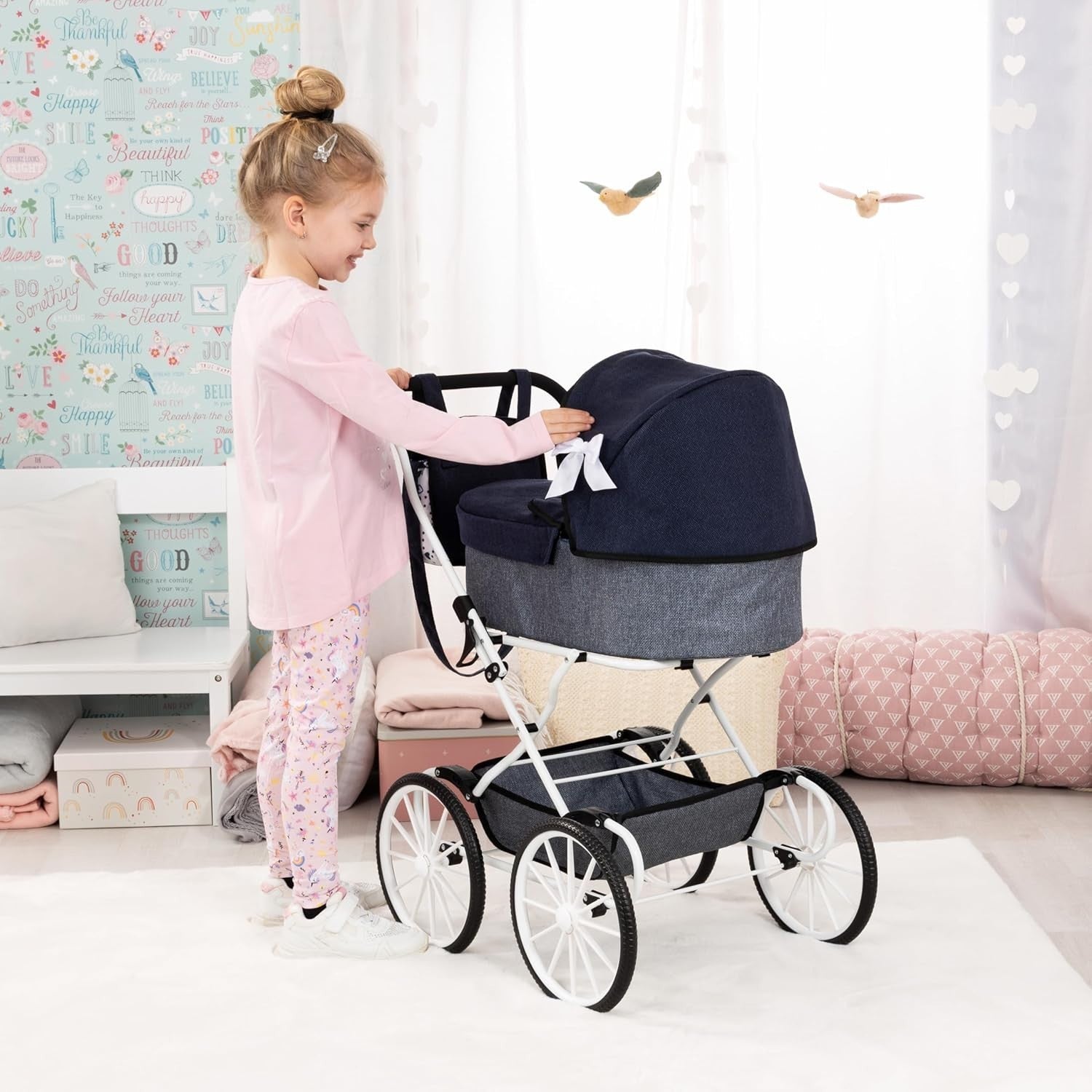 Classic Dolls Pram Nostalgic Style Foldable Pushchair Basket Bag