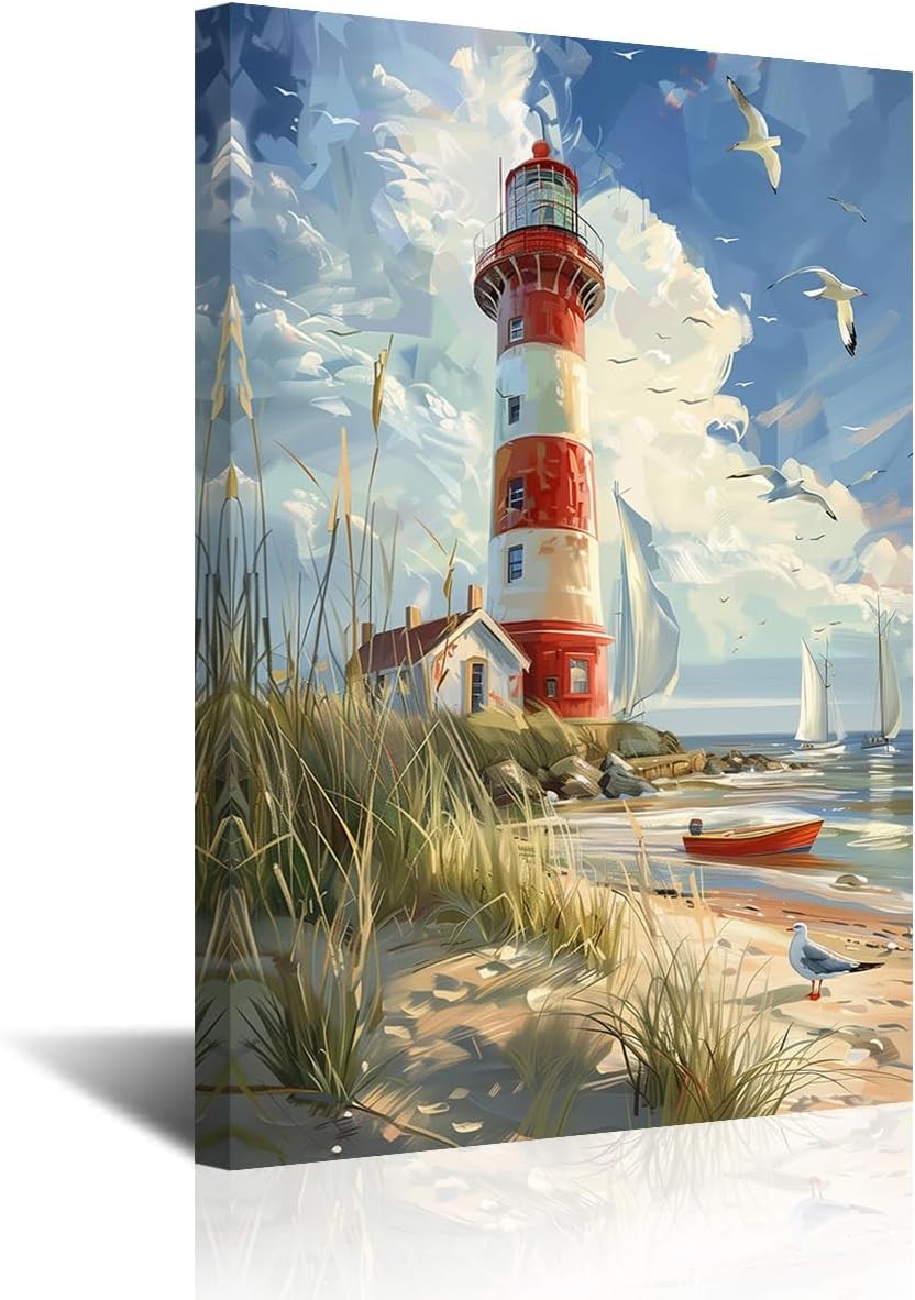 Lighthouse Canvas Wall Art Coastal Seascape Framed 45x30cm