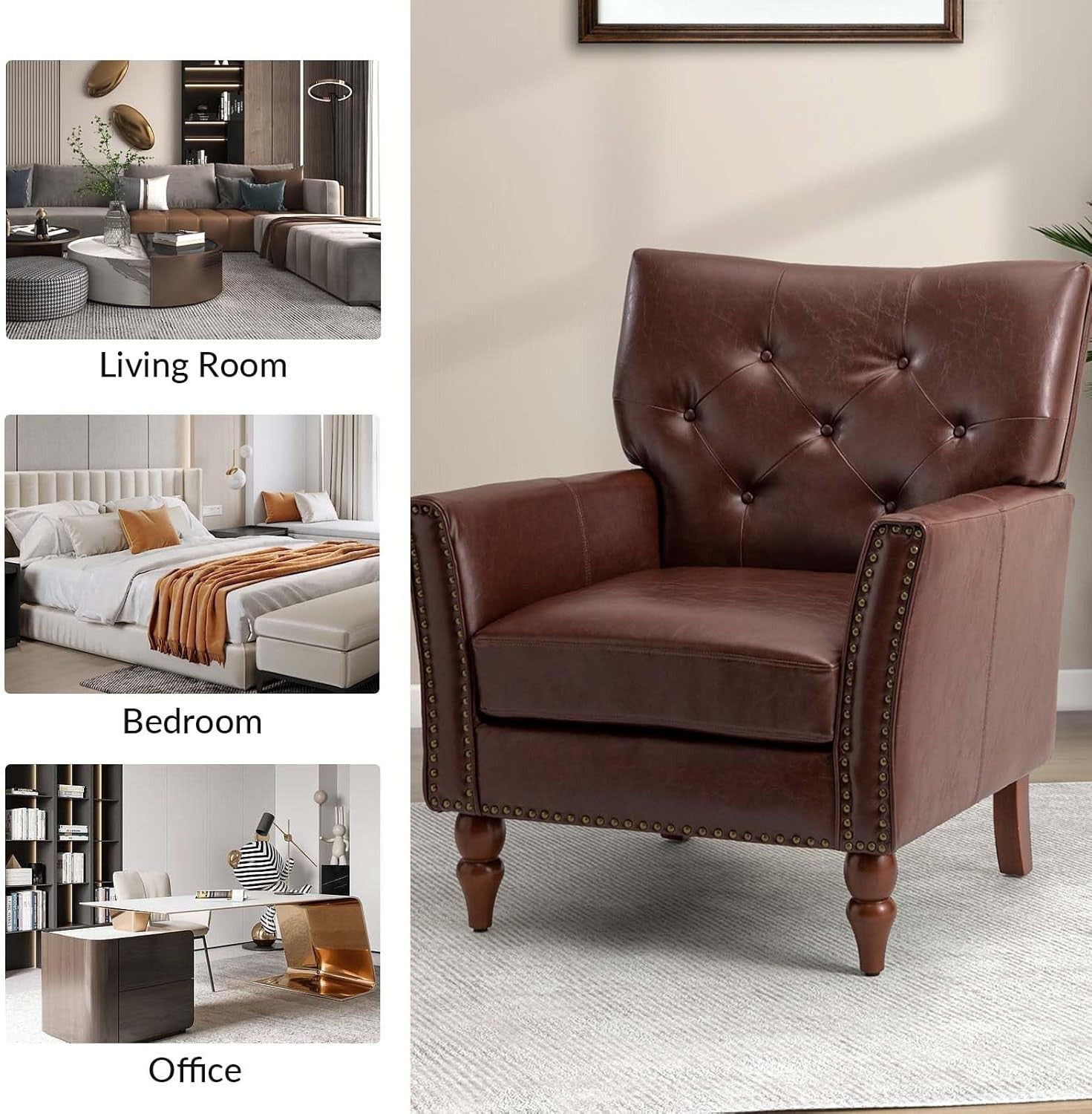 2x Brown Faux Leather Tufted Armchairs Vintage Nailhead Lounge Reading Set