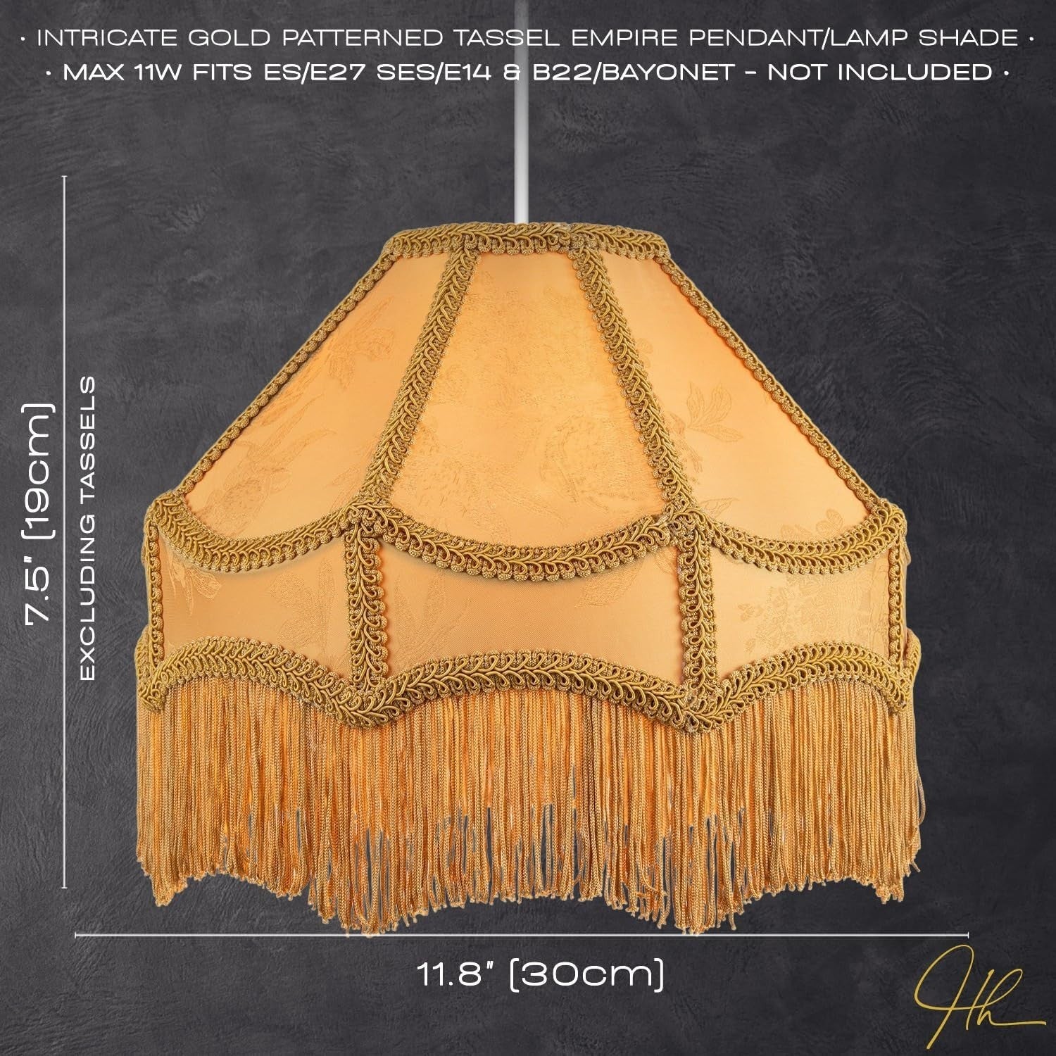 Victorian Gold Empire Lamp Shade Faux Silk Floral Tassels 30cm