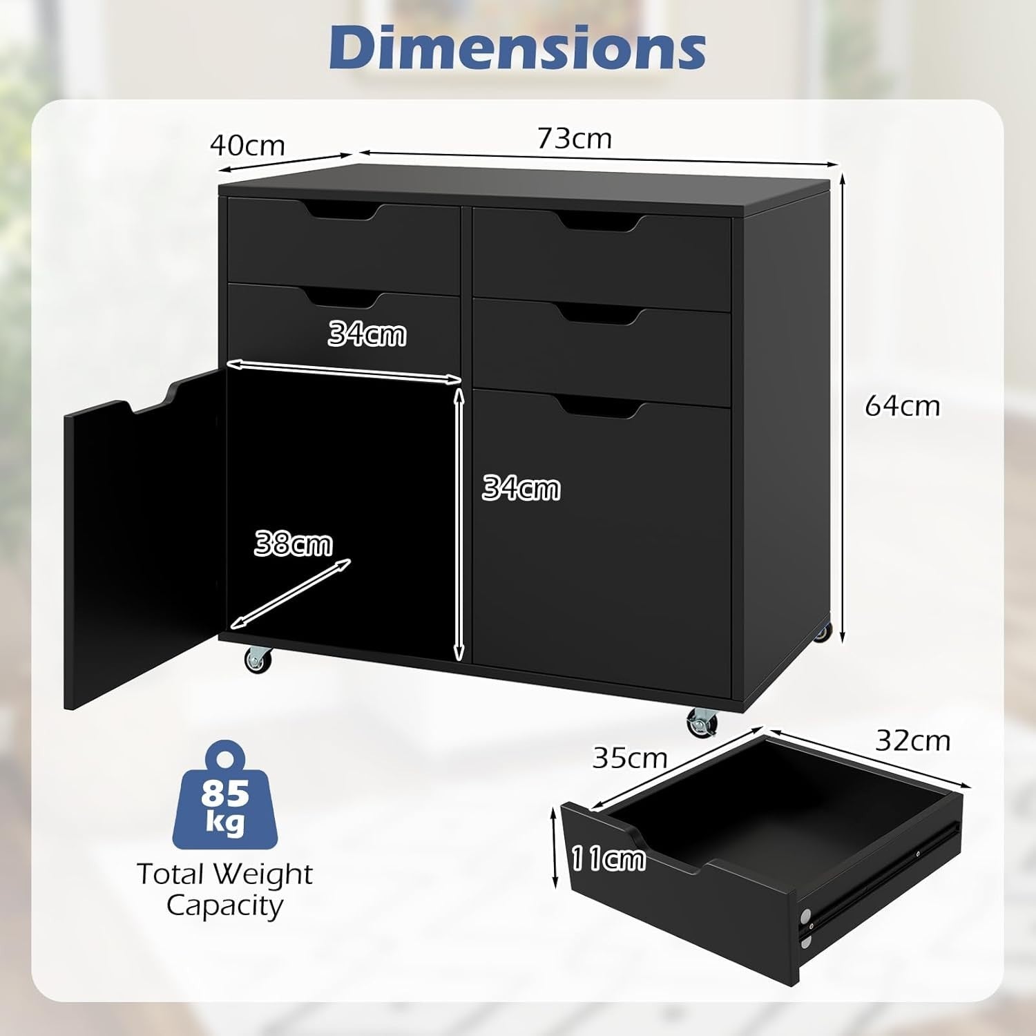 Black 4 Drawer Mobile File Cabinet 73x40x64cm Printer Stand