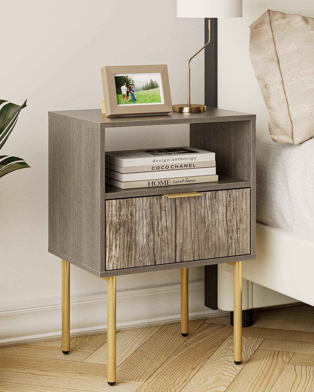 Modern Grey Bedside Table with Drawer & Open Shelf | Wooden Nightstand