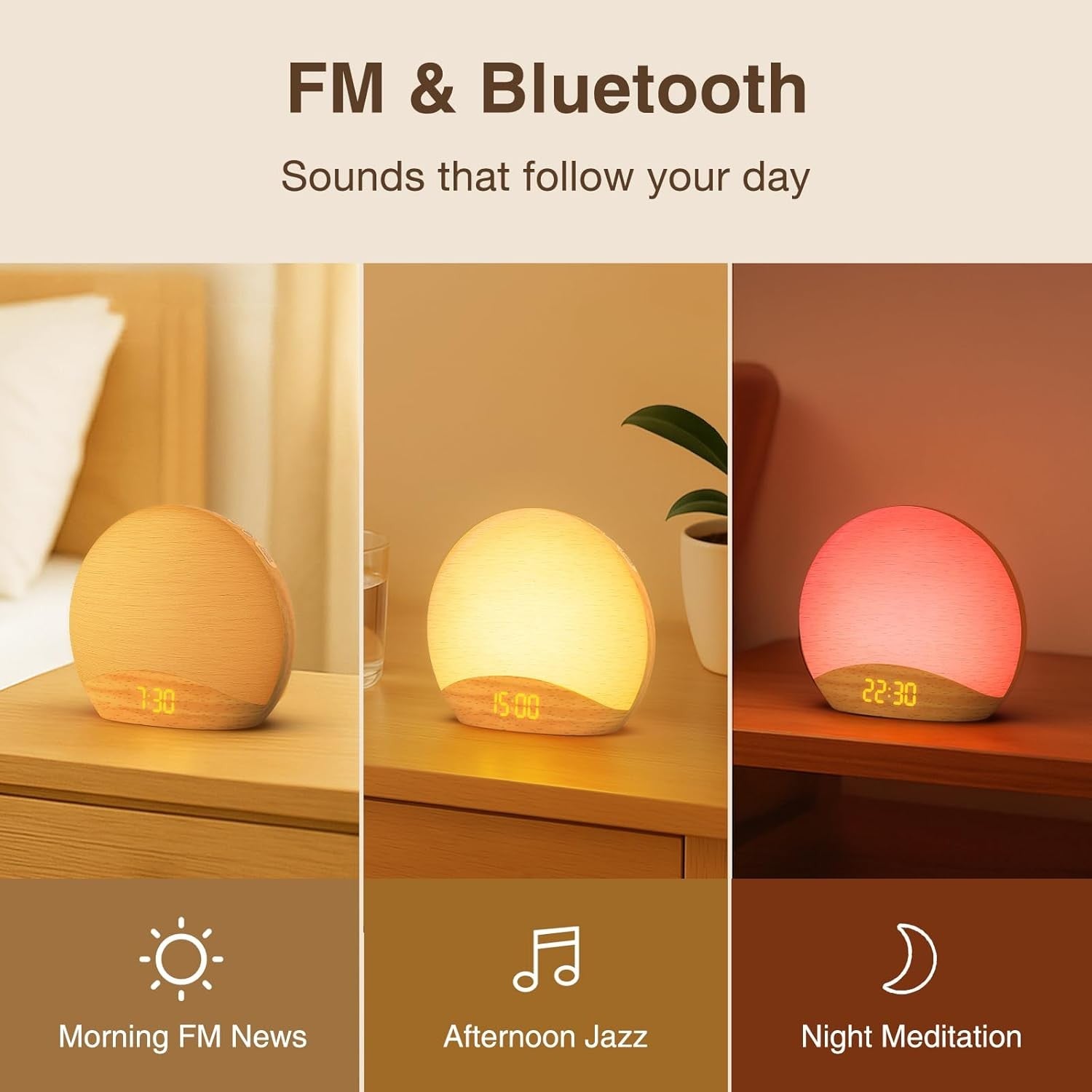Sunrise Alarm Clock Wake Up Light Bluetooth Speaker FM Radio Wooden Design