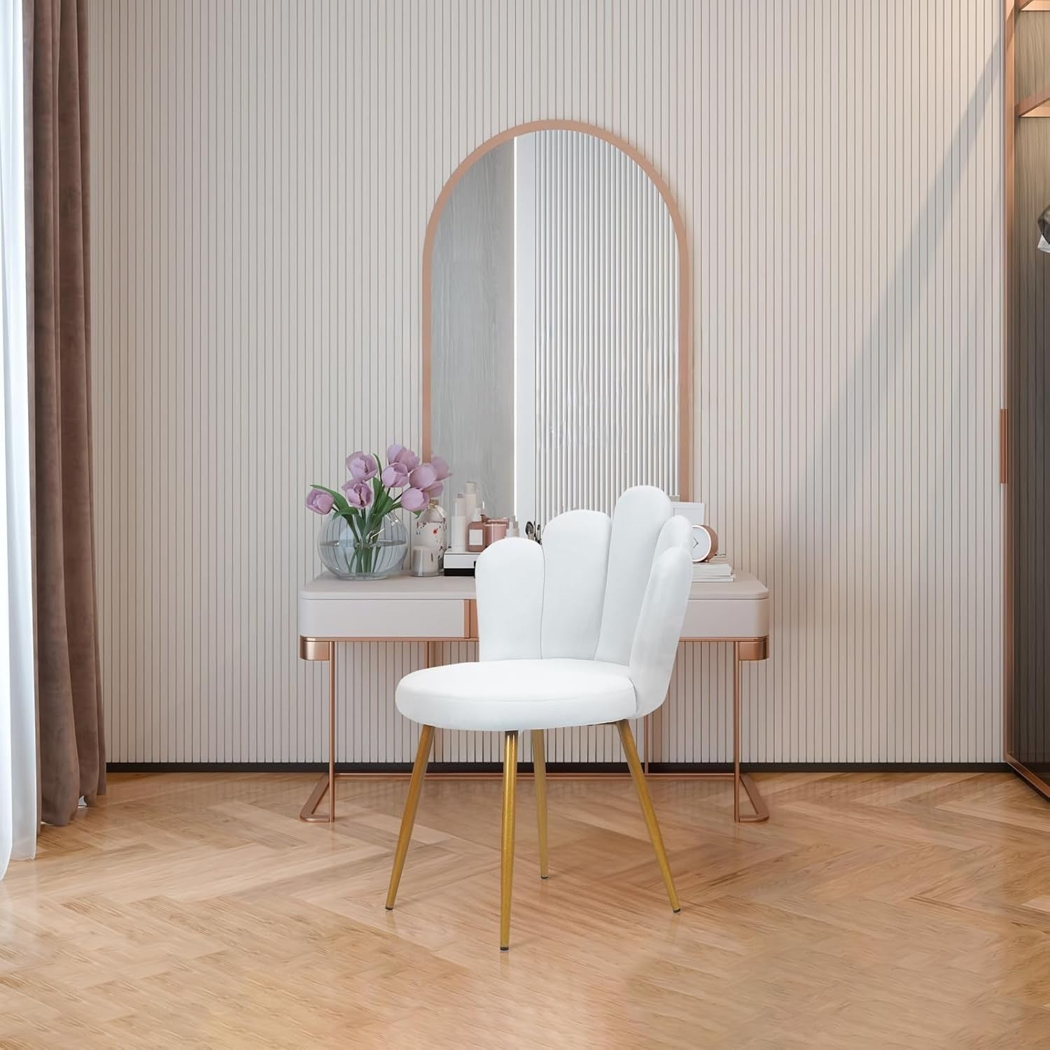 White Petal Vanity Chair Mid-Century Flannel Makeup Stool with Gold Legs