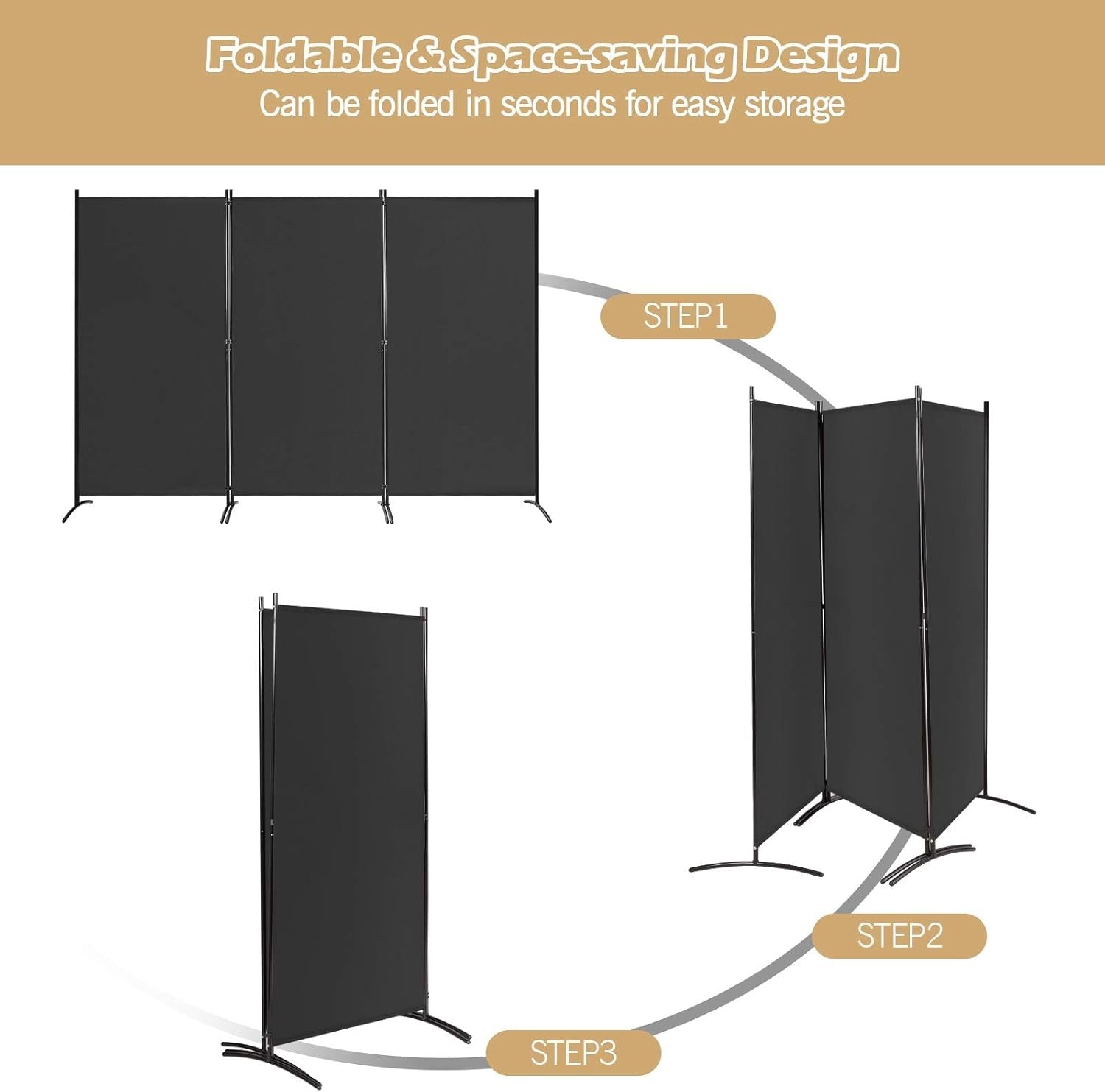 3 Panel Black Folding Room Divider Privacy Screen Partition for Home Office