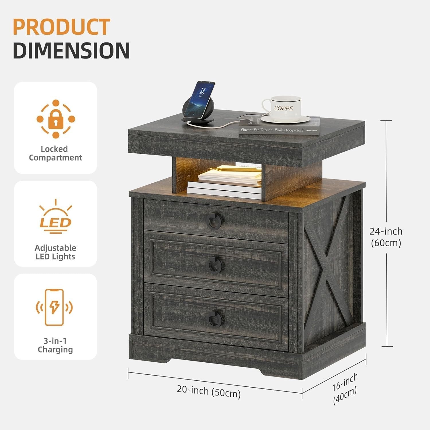 Rustic Brown LED Bedside Table with USB & Type-C Ports | Hidden Drawer