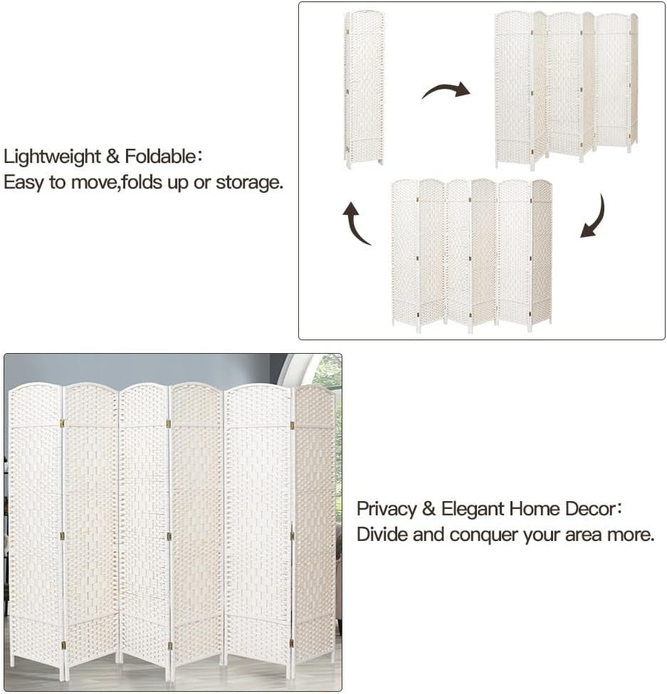 White 6 Panel Wicker Folding Room Divider Handwoven Privacy Screen 170cm