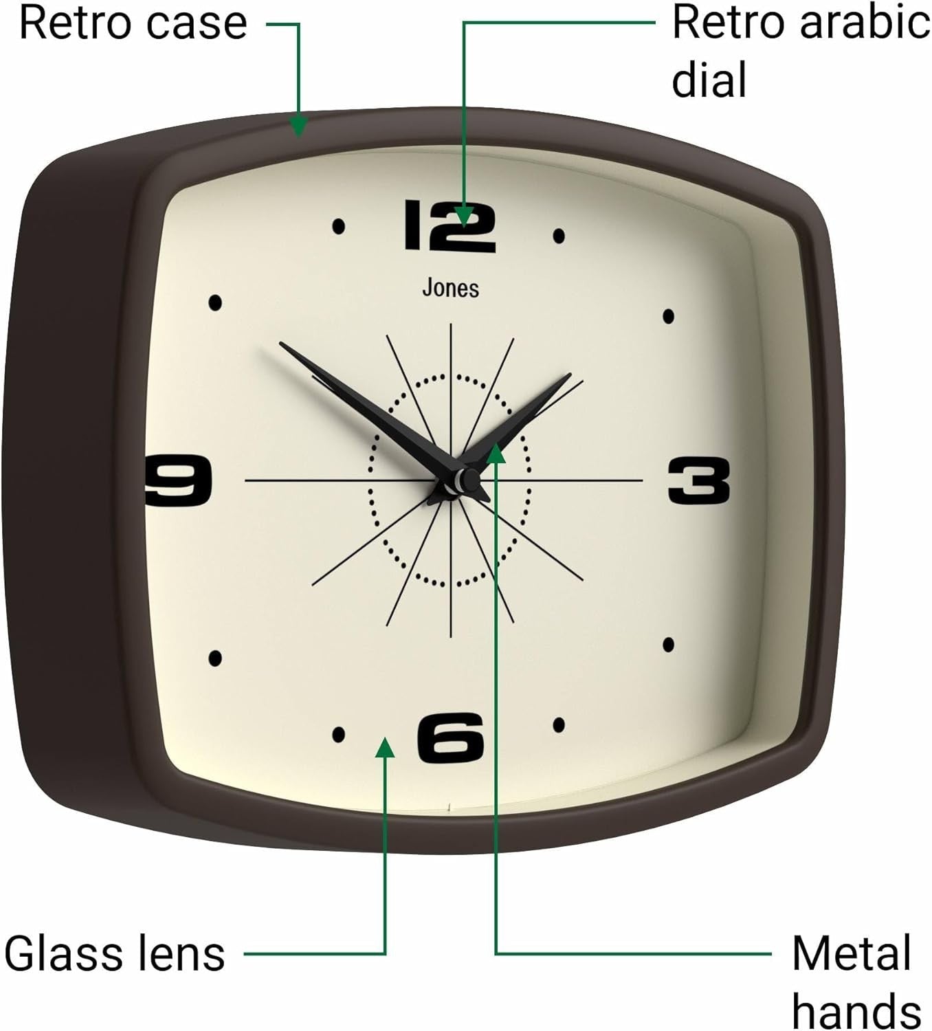 Retro 25cm Wall Clock Rectangle Silent Mocha Brown Kitchen Living Room Decor