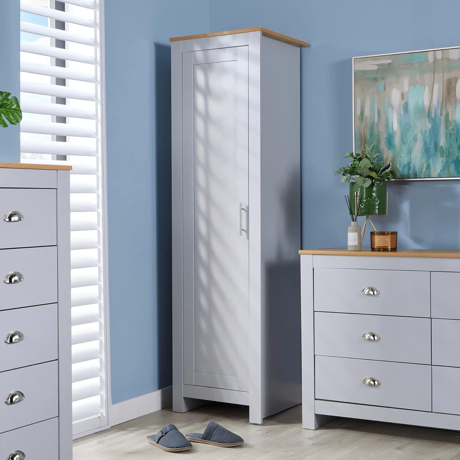 Slim Grey Oak Effect 1 Door Wardrobe Storage Cupboard for Bedroom