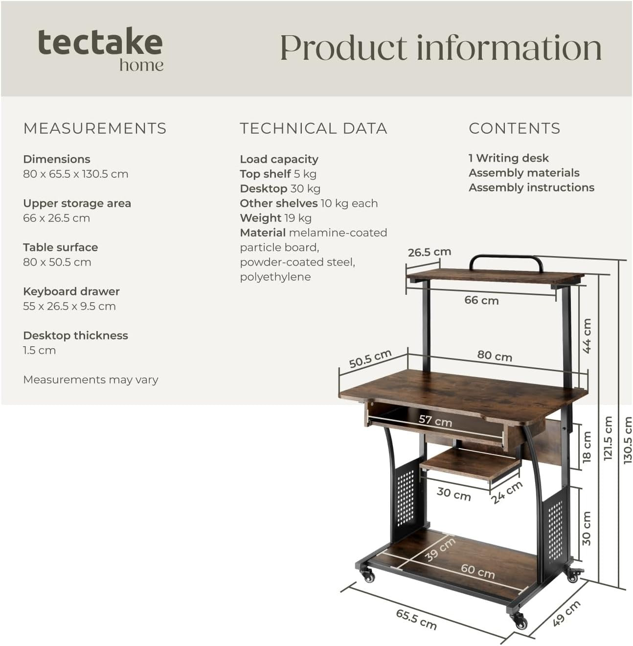 Dark Wood Mobile Computer Desk with 4 Tiers & Wheels for Home Office
