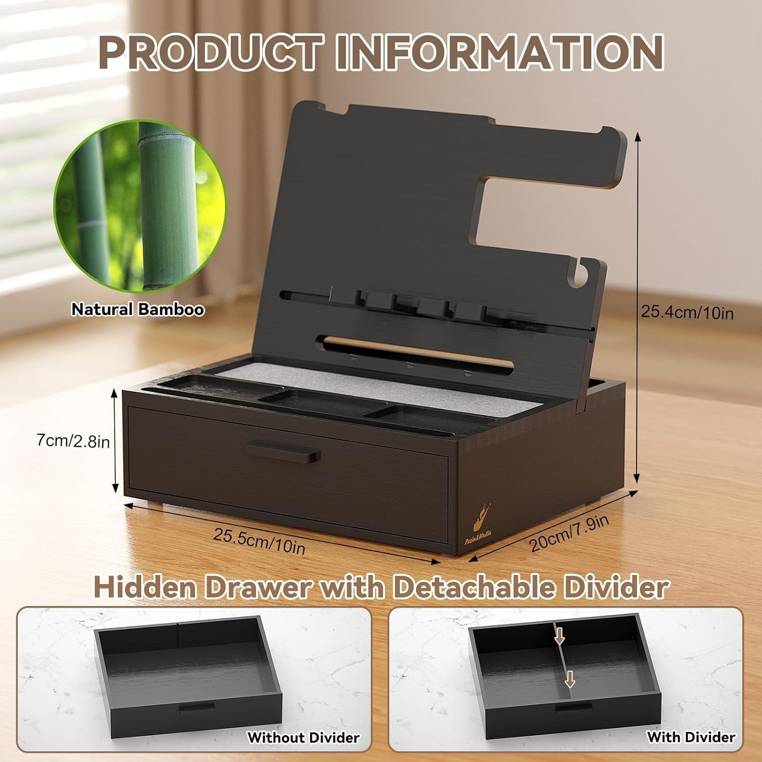 Bamboo Nightstand Organizer Tray with Drawer & Phone Dock, Multi-Device Holder
