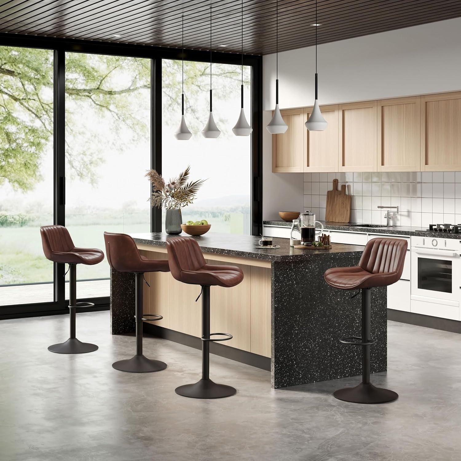 Cognac Brown Bar Stools Set of 2 | Memory Foam Seat, Adjustable Swivel