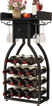 Freestanding Wine Rack 15 Bottle Storage with Glass Holder & Drawer Home Bar