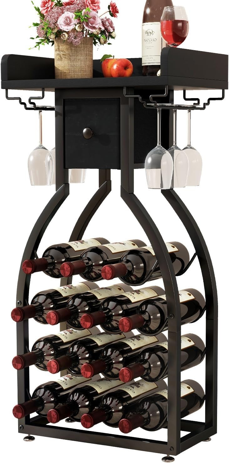 Freestanding Wine Rack 15 Bottle Storage with Glass Holder & Drawer Home Bar