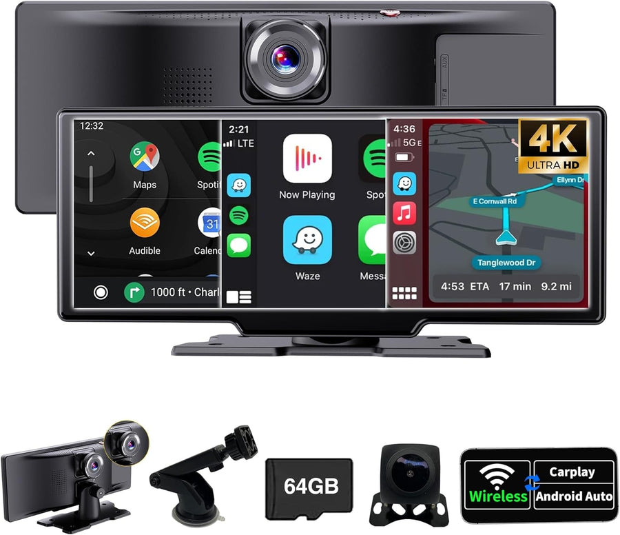 10.26" Portable Car Stereo Wireless CarPlay 4K Dash Cam GPS
