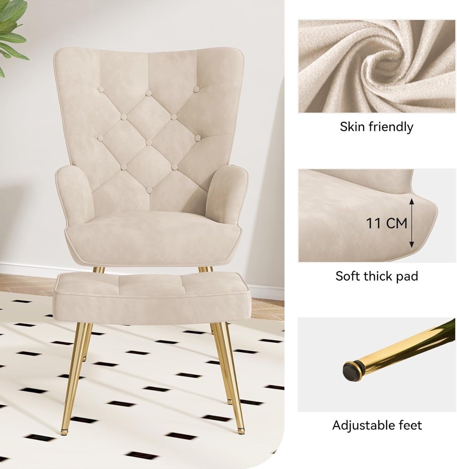 Beige Velvet Wing Back Armchair with Footstool Gold Legs Relaxation Seat