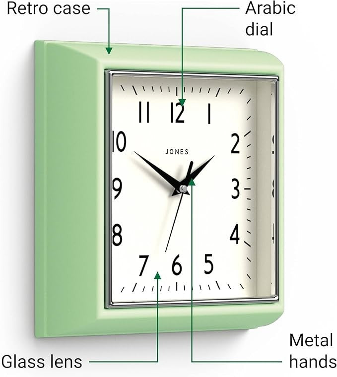 Green Retro Square Wall Clock 25cm Silent Quartz Easy Read Modern Kitchen Office