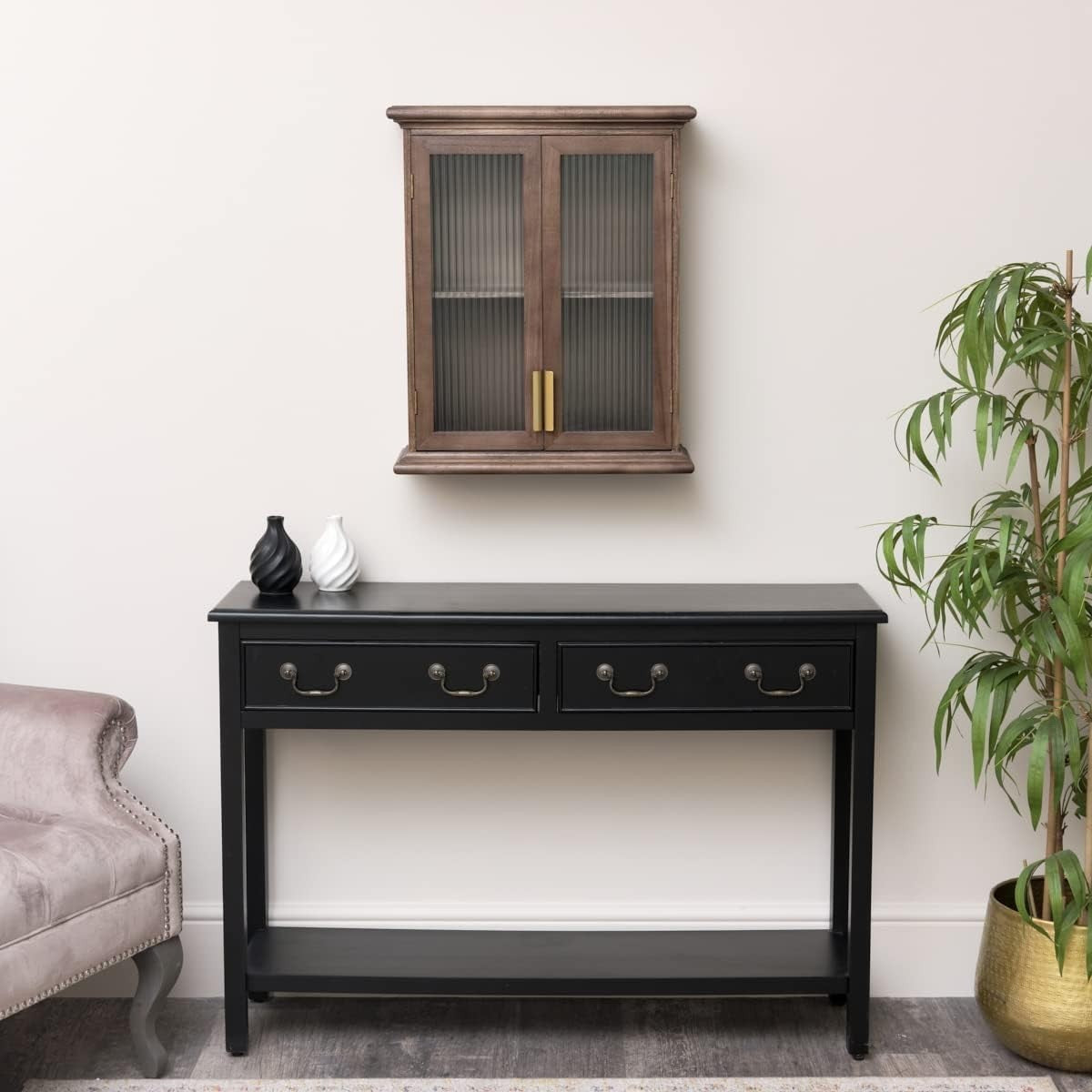 Rustic Wooden Glass Wall Cabinet with Reeded Doors & Gold Handles - 50x61x19cm