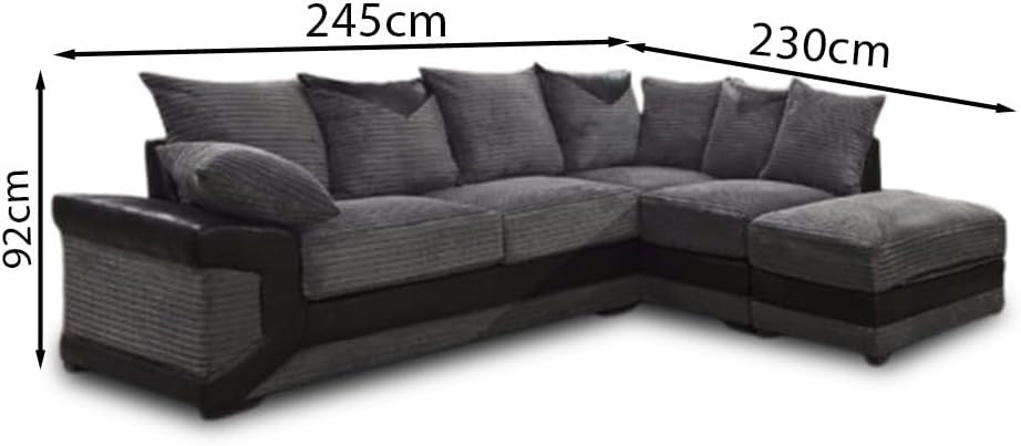 5-Seater Grey & Black Cord Leather L Shape Corner Sofa Modular Scatter Back