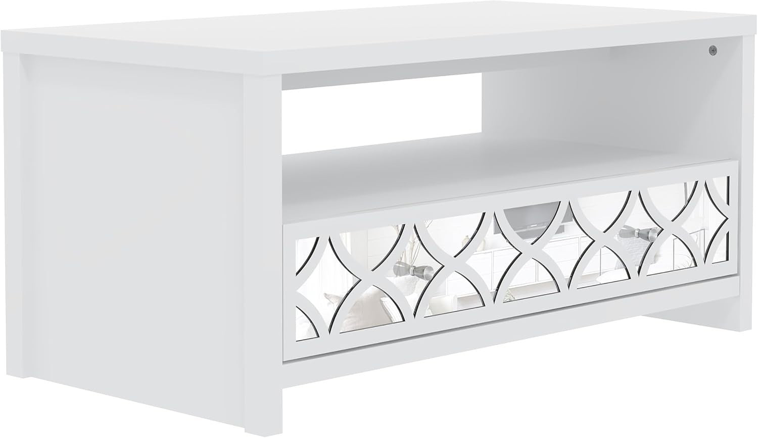Modern Mirrored Coffee Table with Drawer – Space-Saving White Storage