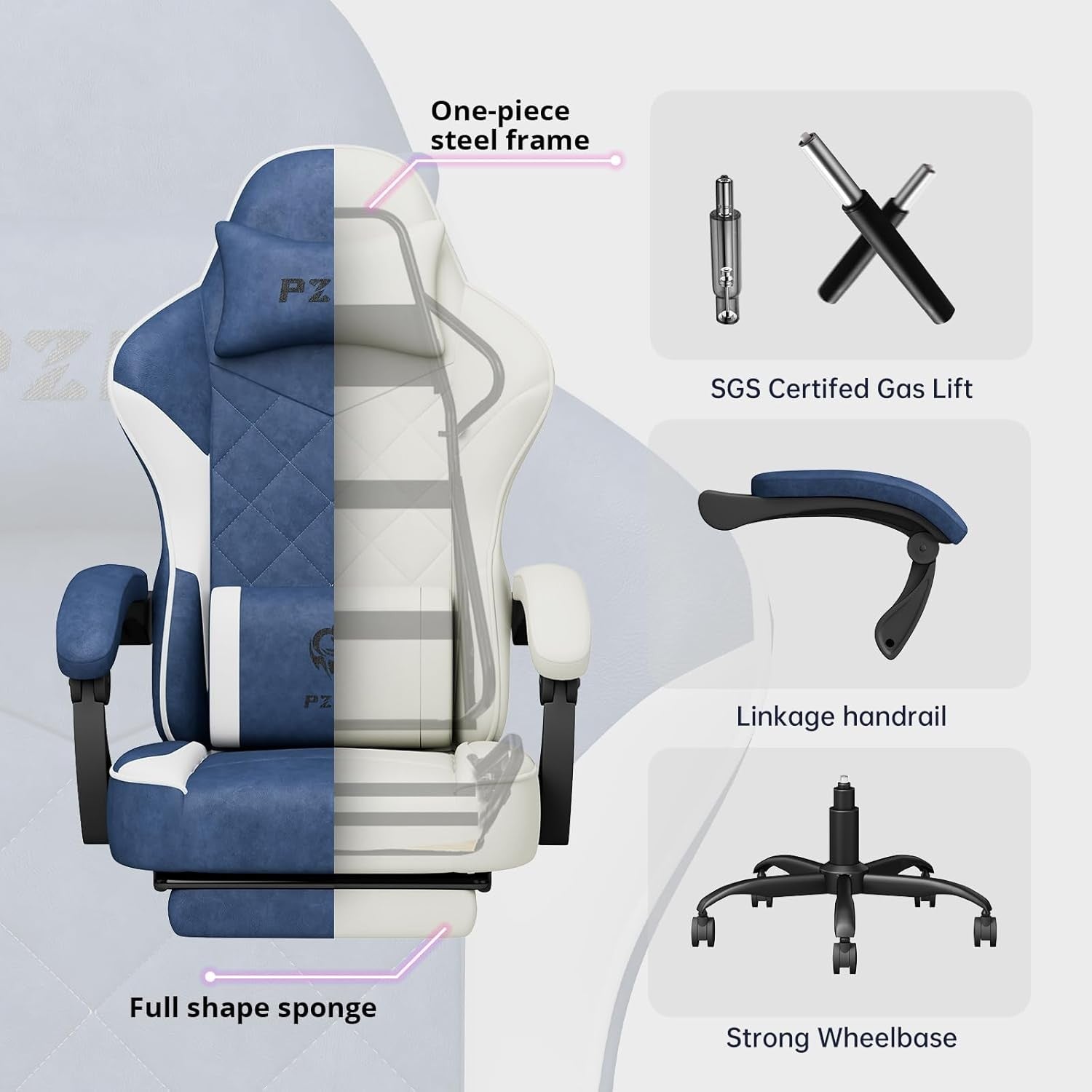 Ergonomic Gaming Chair Blue Fabric Recliner w/ Footrest 350lbs