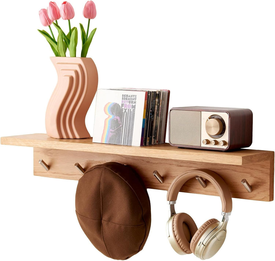 27in Oak Wood Wall Shelf with Hooks Entryway Coat Rack Floating Hat Towel Rail