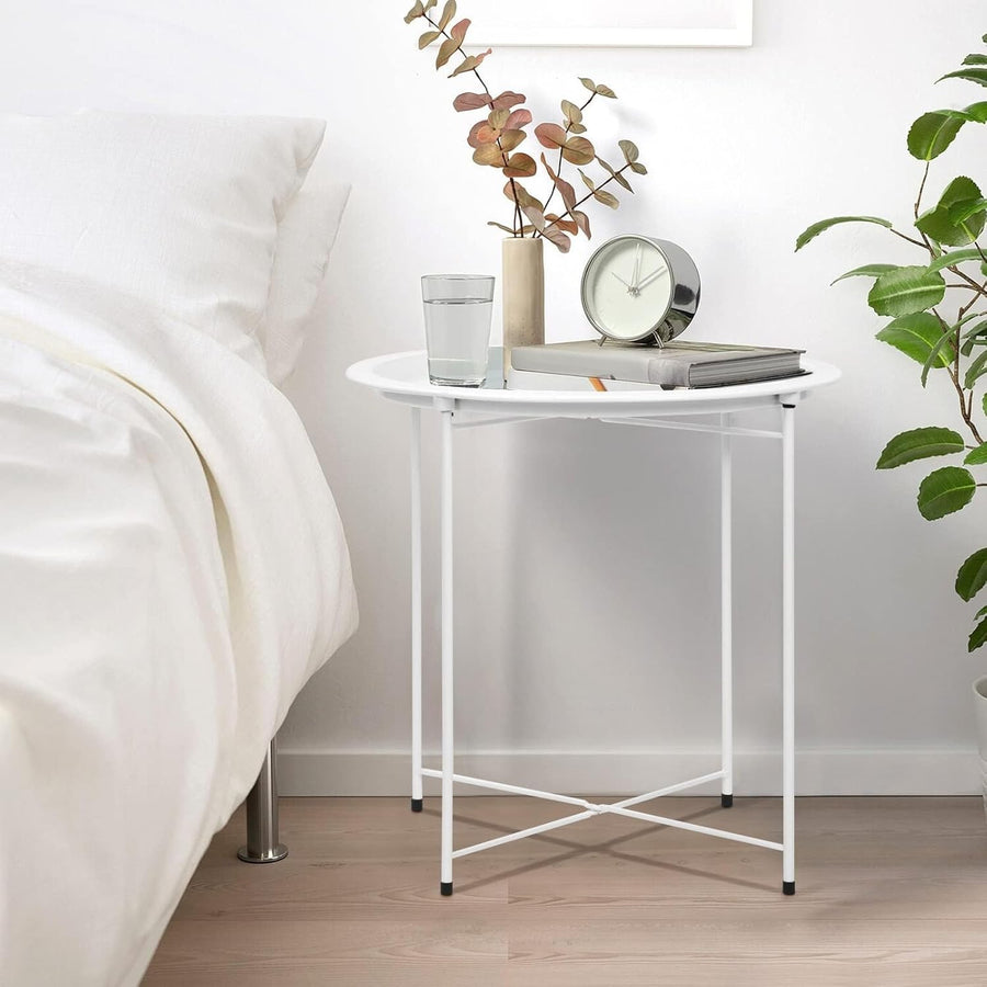 Round Tray Side Table with Removable Tray – 47x50cm Metal End Table