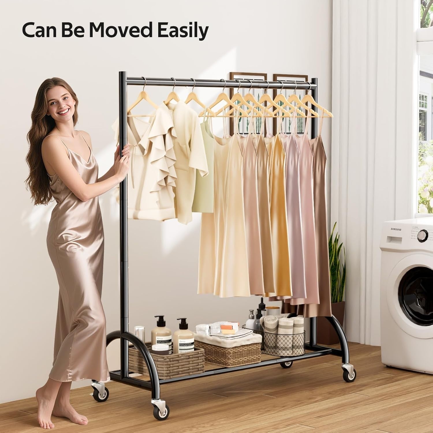 Heavy Duty Clothes Rail on Wheels with Shelf, Metal Rack Black