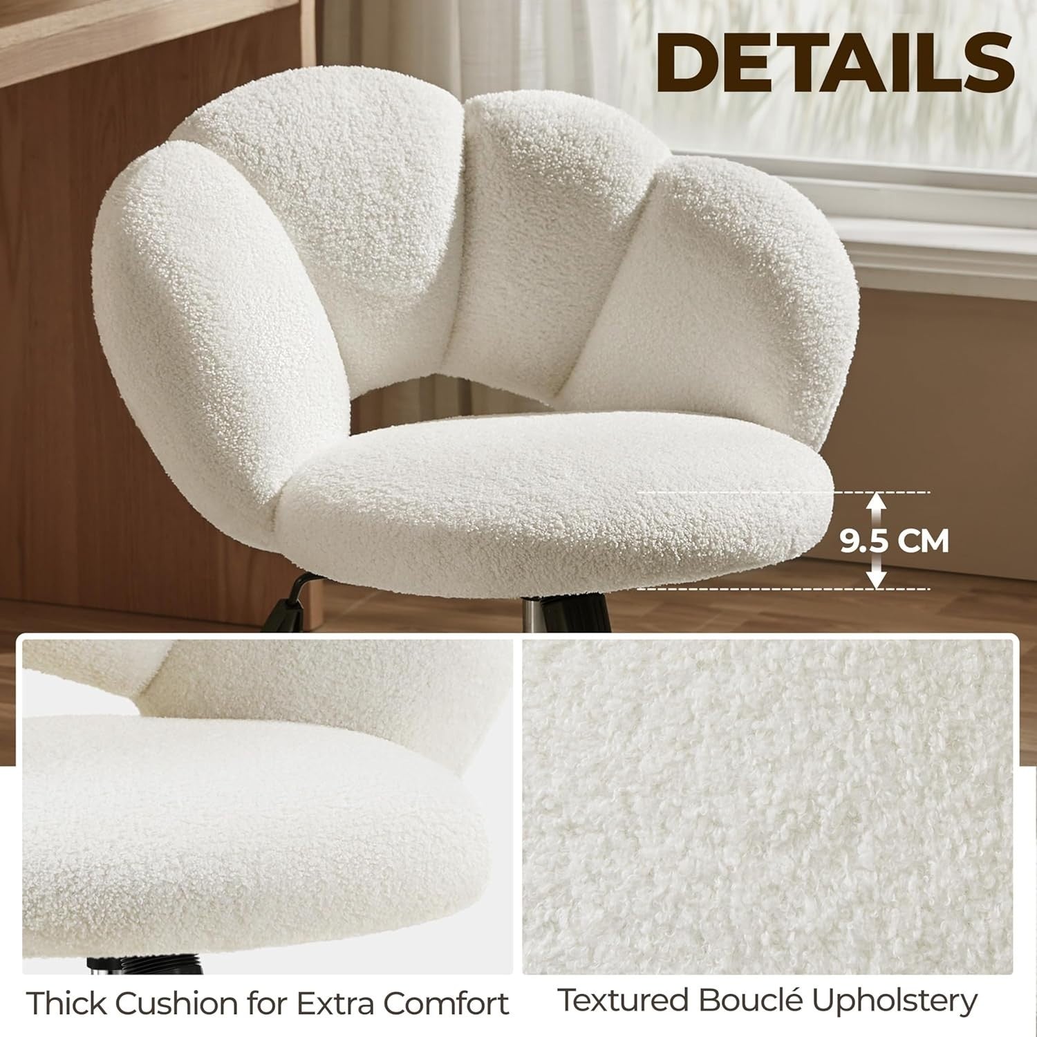 White Boucle Cloud Vanity Chair Swivel Adjustable Desk Chair with Wheels
