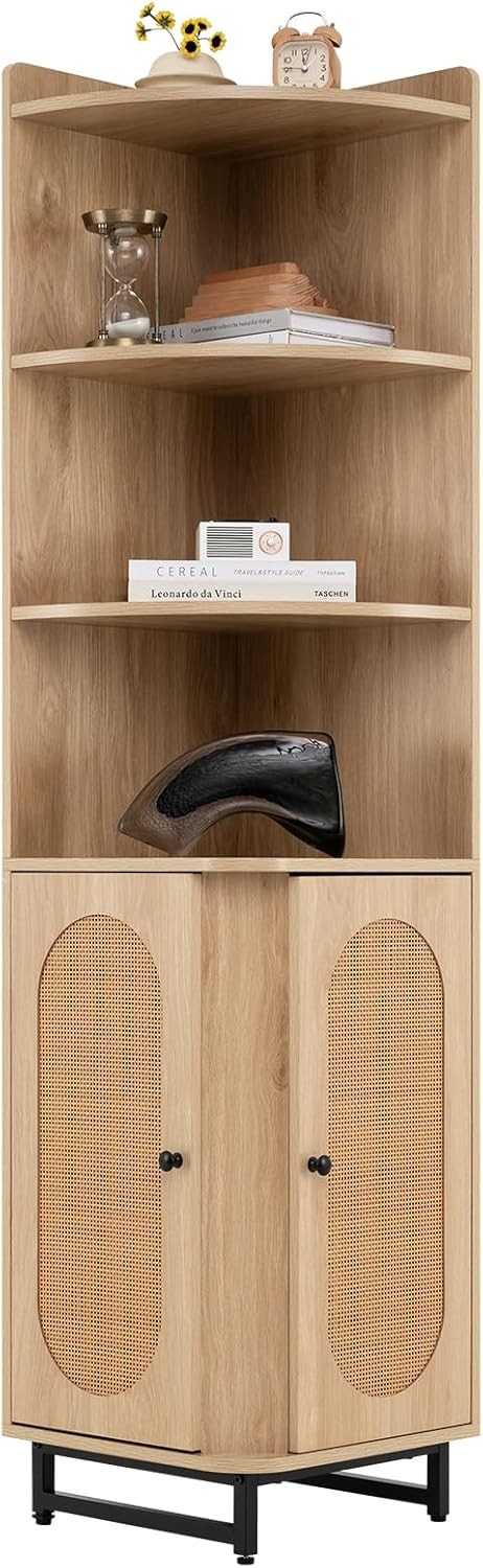 Tall Corner Storage Cabinet with Rattan Doors, 172cm Modern Shelving Unit
