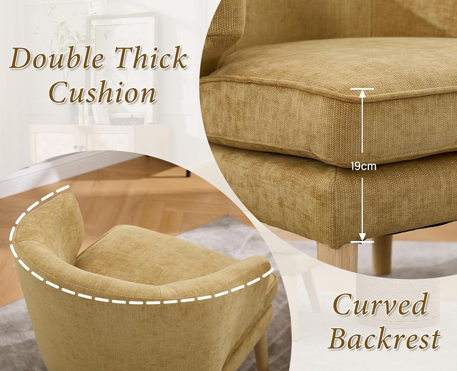 Yellow Chenille Accent Chair Upholstered Tub Armchair Wooden Legs