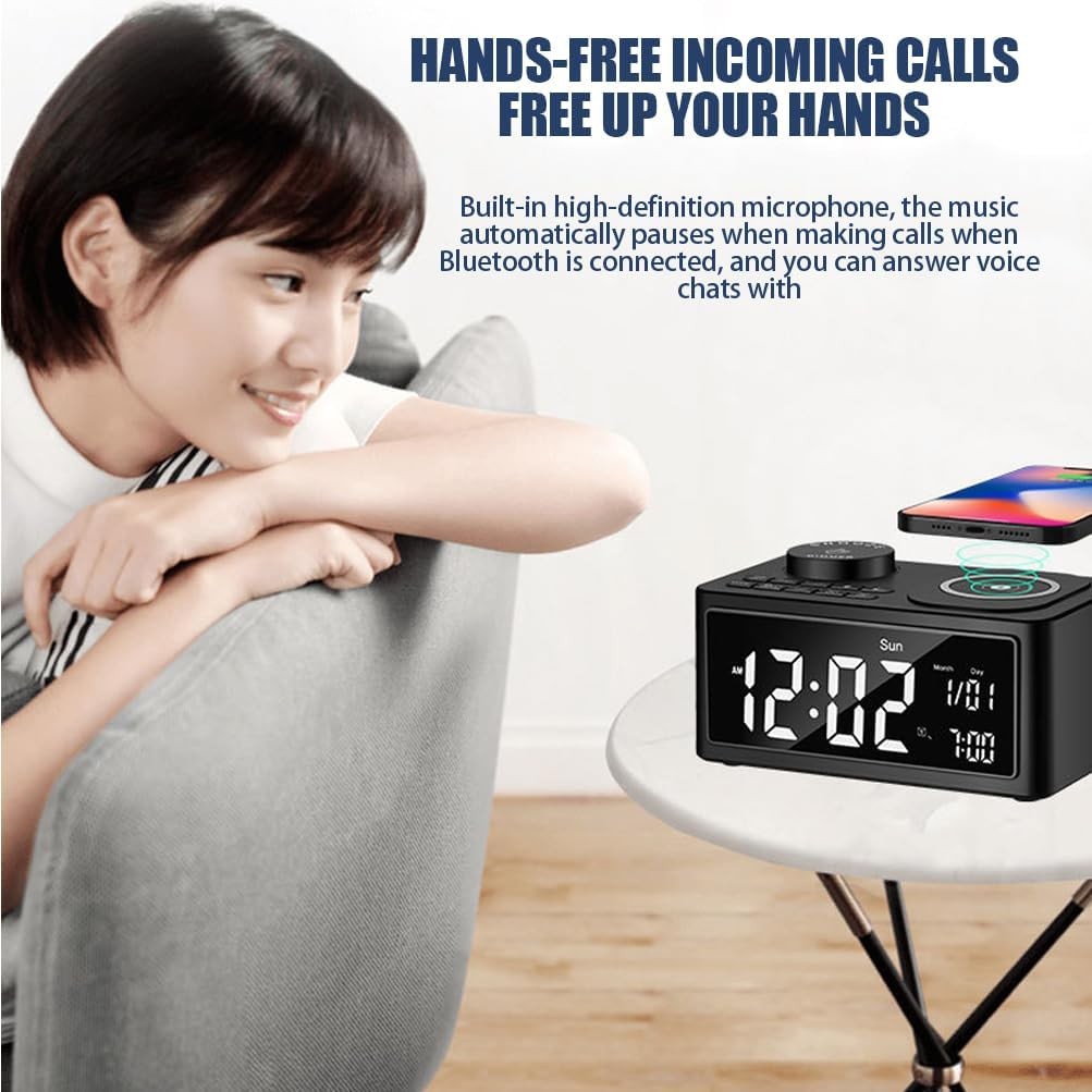 Wireless Charging Alarm Clock Bluetooth Speaker FM Radio LED Night Light