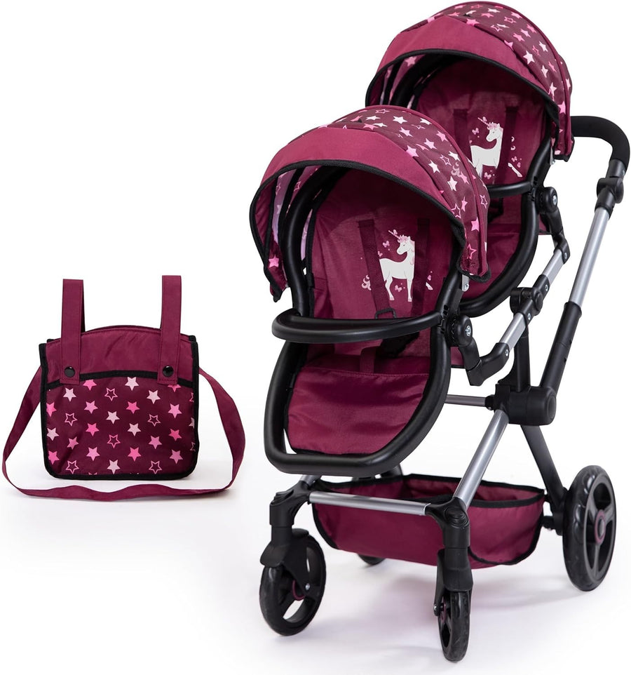 Double Dolls Stroller Carriage Foldable Adjustable Handle Basket Bag