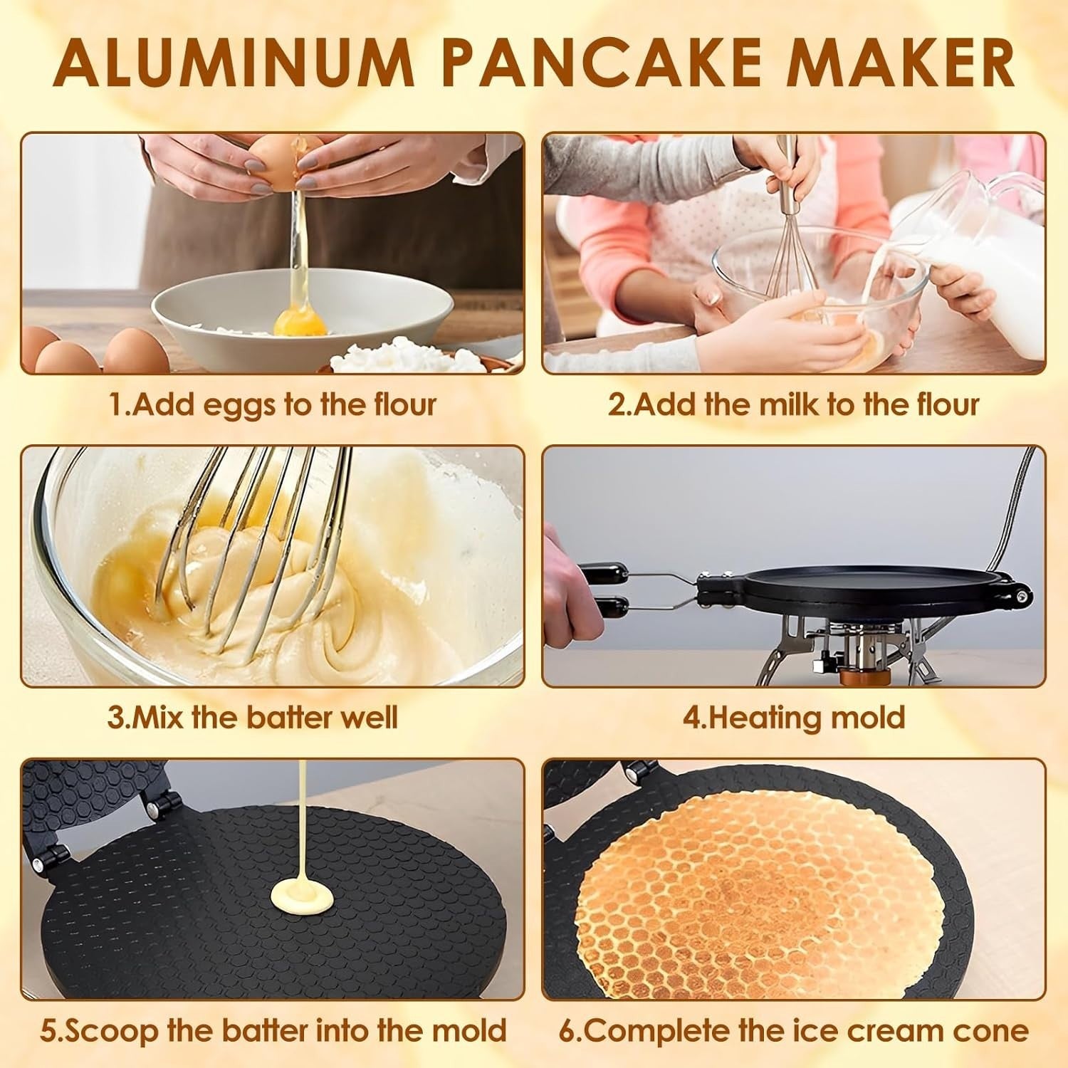 Non-Stick Waffle Cone & Egg Roll Pan | 22cm Aluminum Crepe Maker for Gas Stove