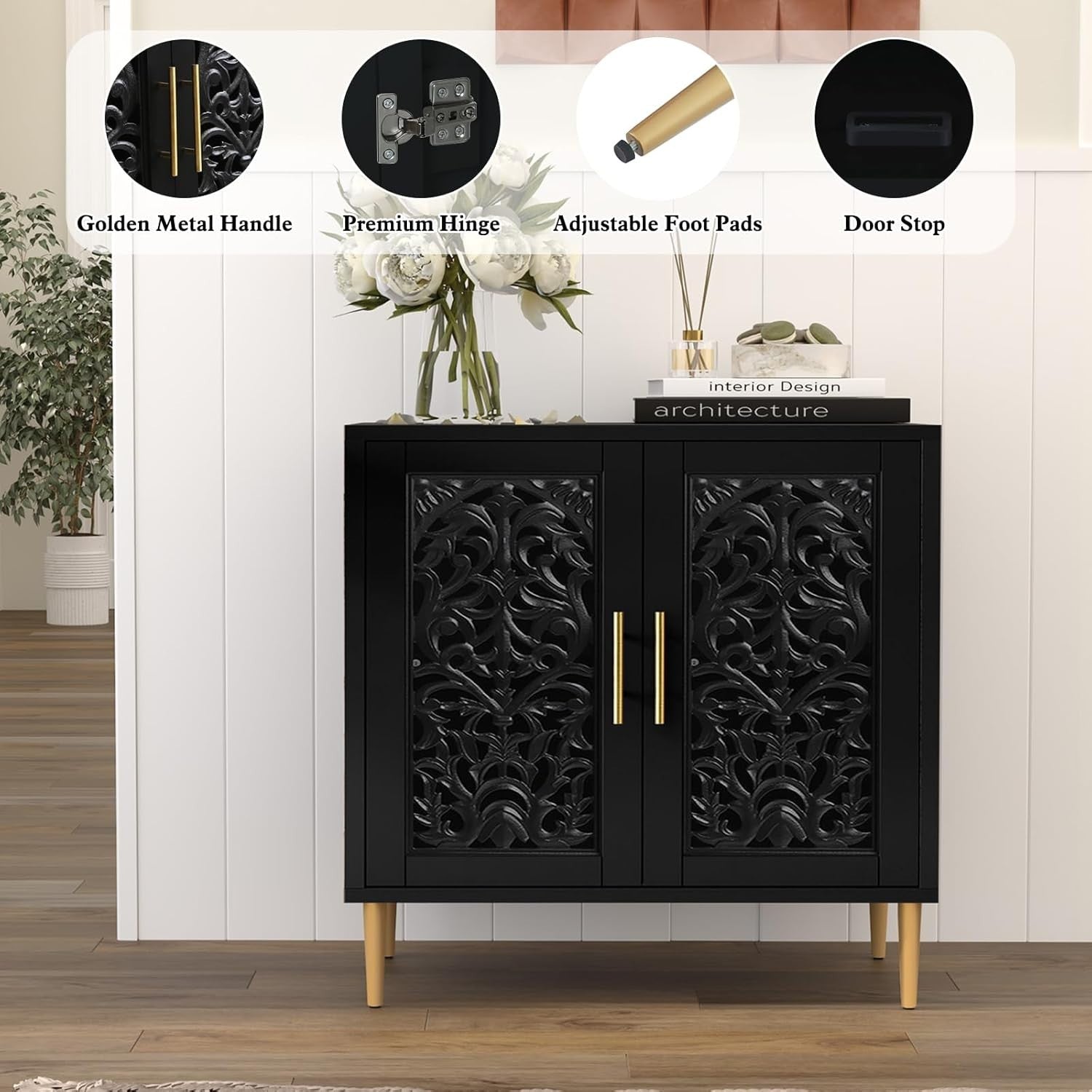 Black Vintage Sideboard Cabinet 2 Door Carved Storage Unit Hallway Accent