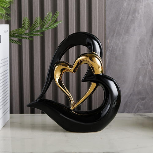 Luxury Double Heart Ceramic Ornament • Black & Gold Modern Home Decor Gift