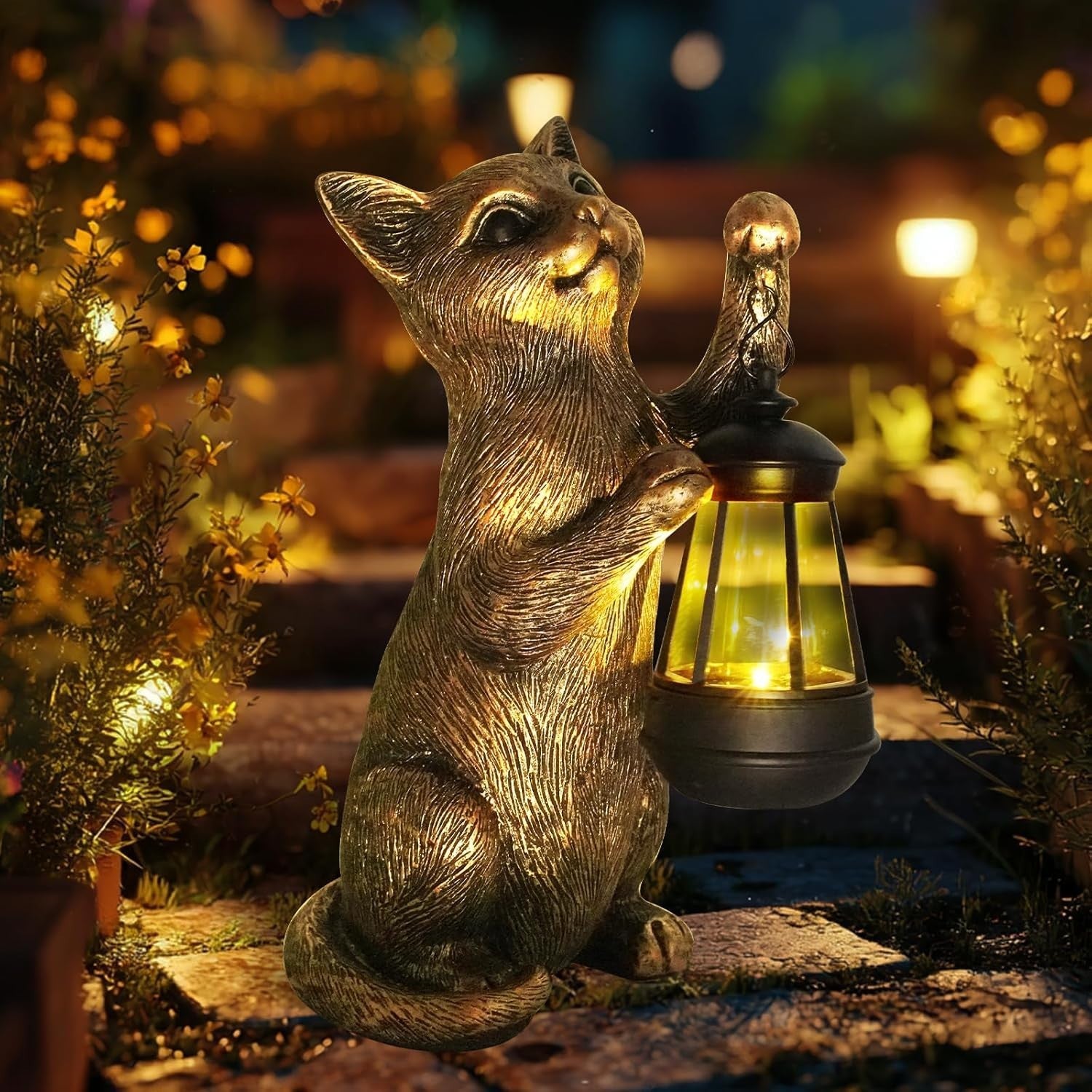 Solar Cat Garden Statue with Lantern Outdoor Resin Ornament LED Yard Decor