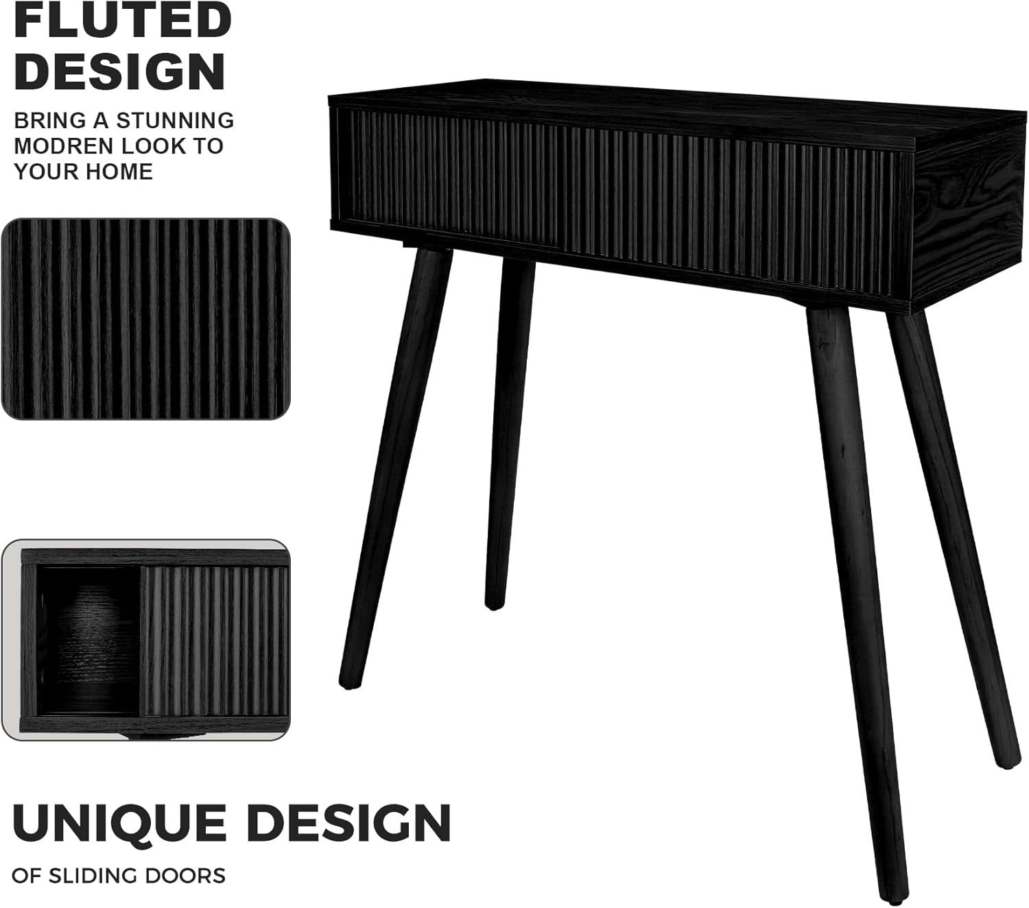 Slim Black Console Table with Fluted Drawer, Narrow Entryway Desk