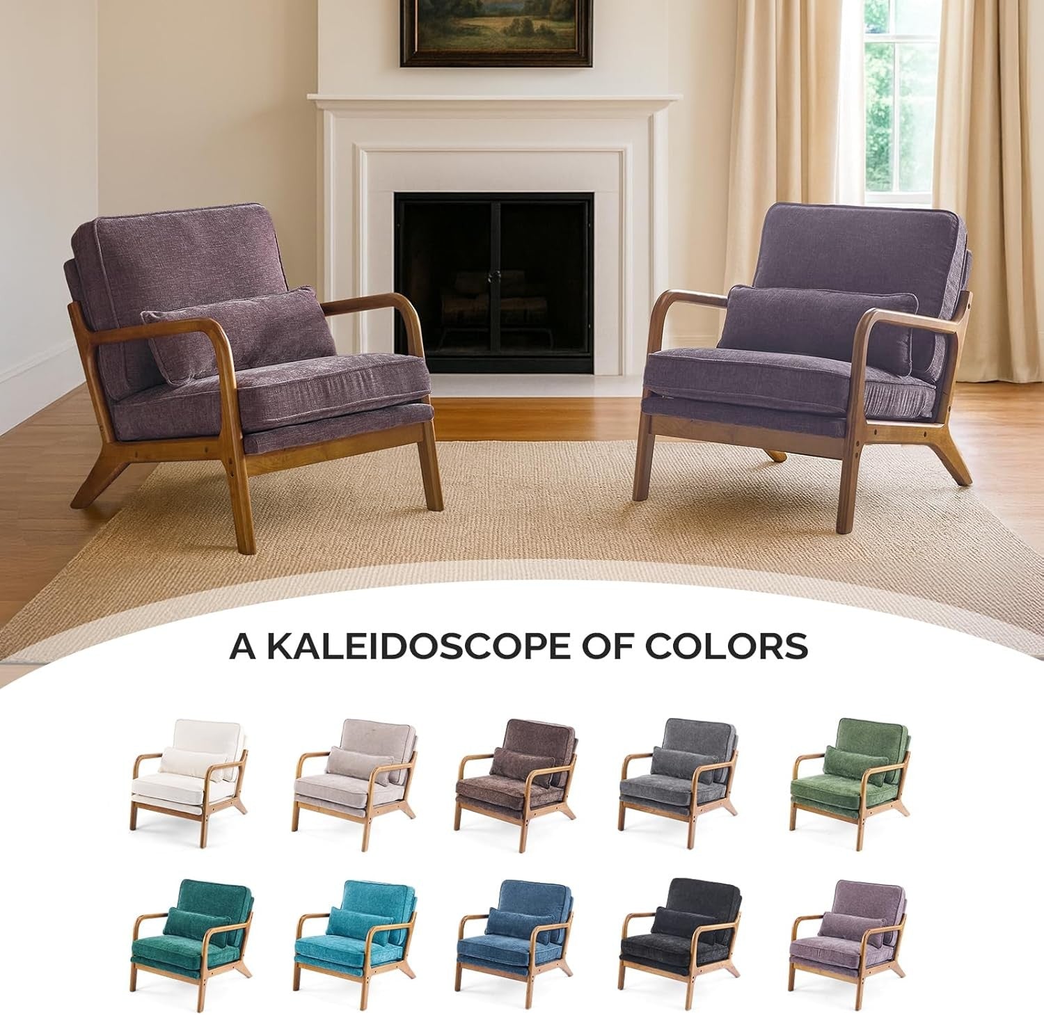 Light Purple Chenille Accent Chair – Solid Wood Lounge Armchair Wide Arm