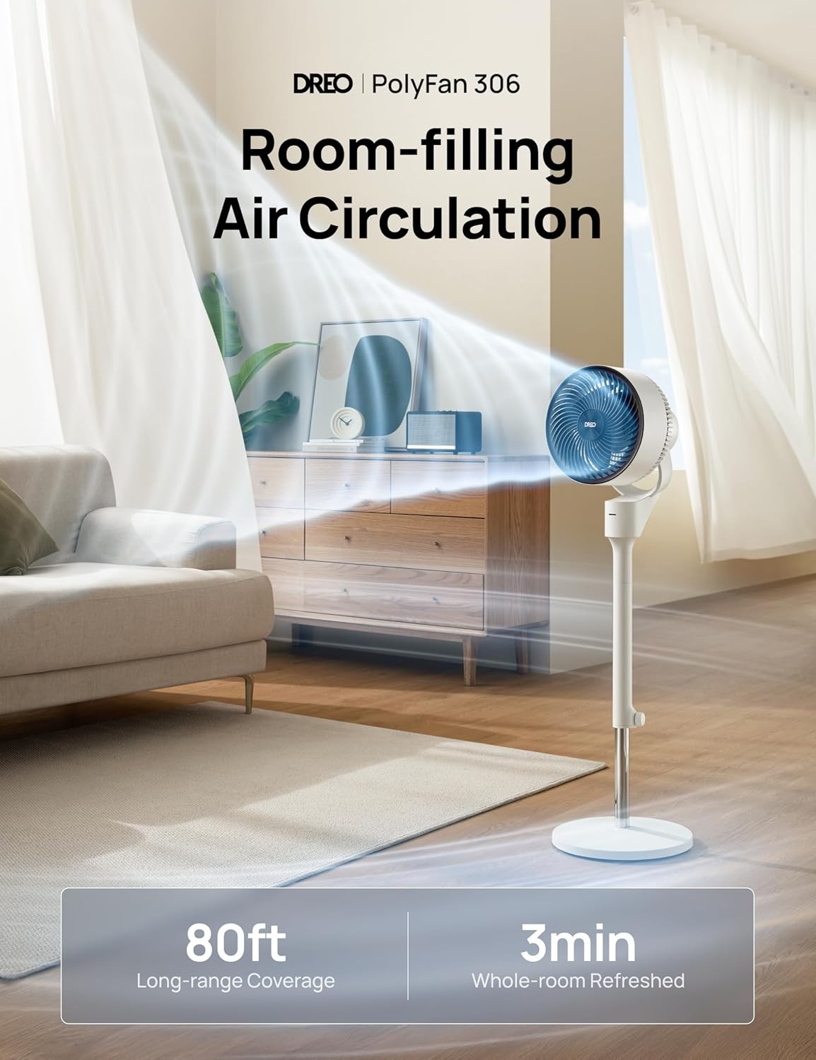 80ft Electric Standing Fan – 3-Speed Quiet Oscillating Pedestal w Remote Control
