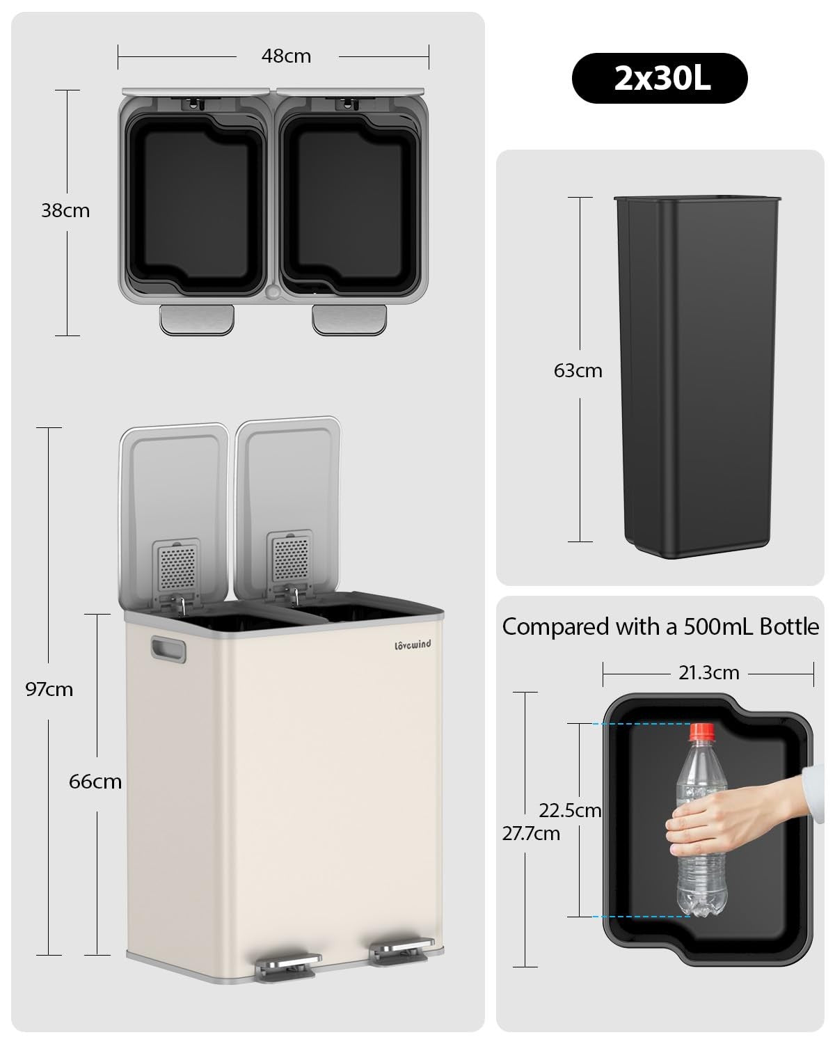 60L Double Kitchen Bin 2x30L Soft Close Recycling Beige