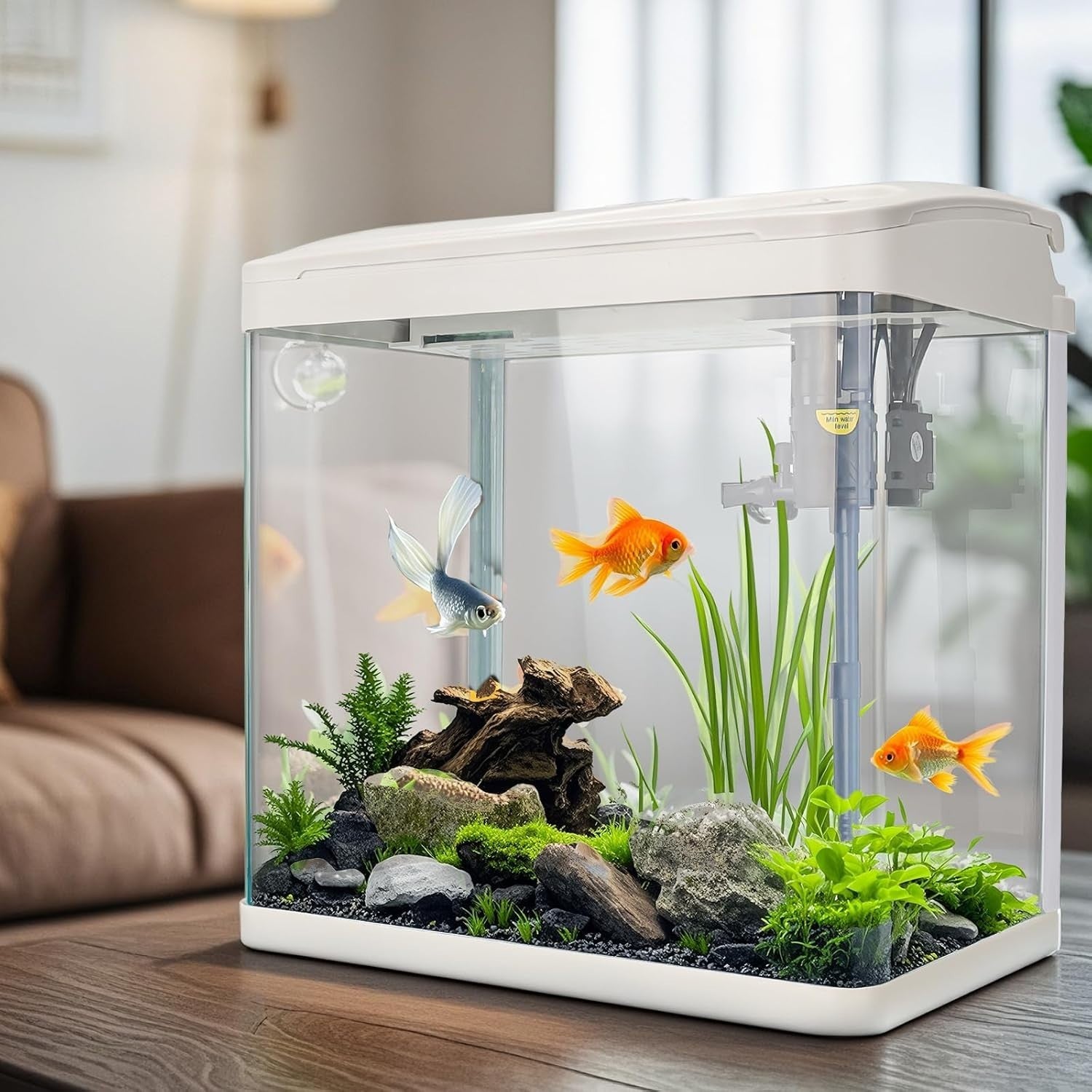 17L Glass Fish Tank With Filter LED Light Pump Betta Aquarium White