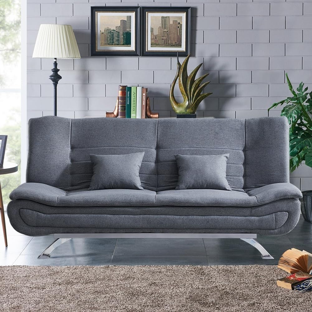 Luxury 3 Seater Sofa Bed Grey Linen Futon Couch w/ Pillows & Chrome Legs