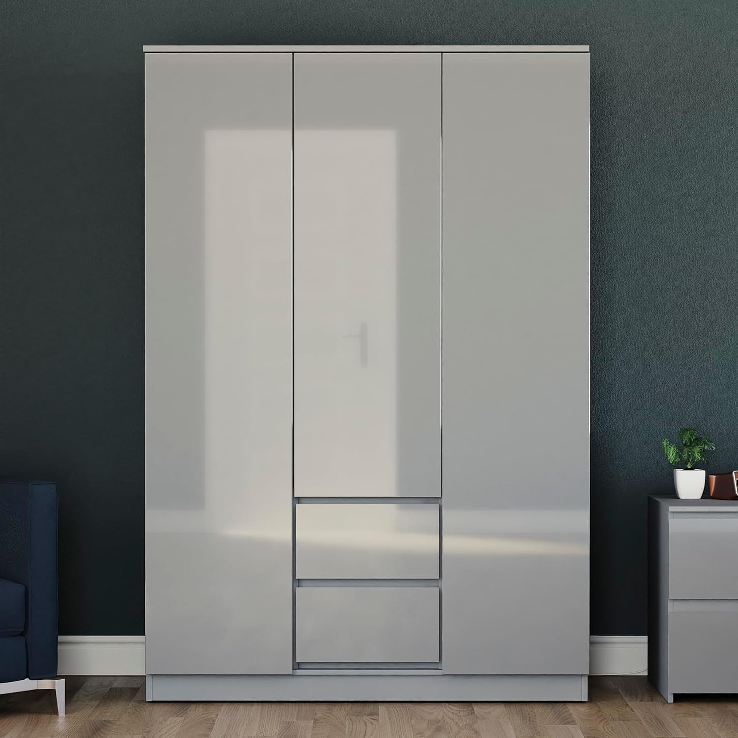 Modern 3 Door Grey Wardrobe with 2 Drawers Storage, Hanging Rail & Easy Setup