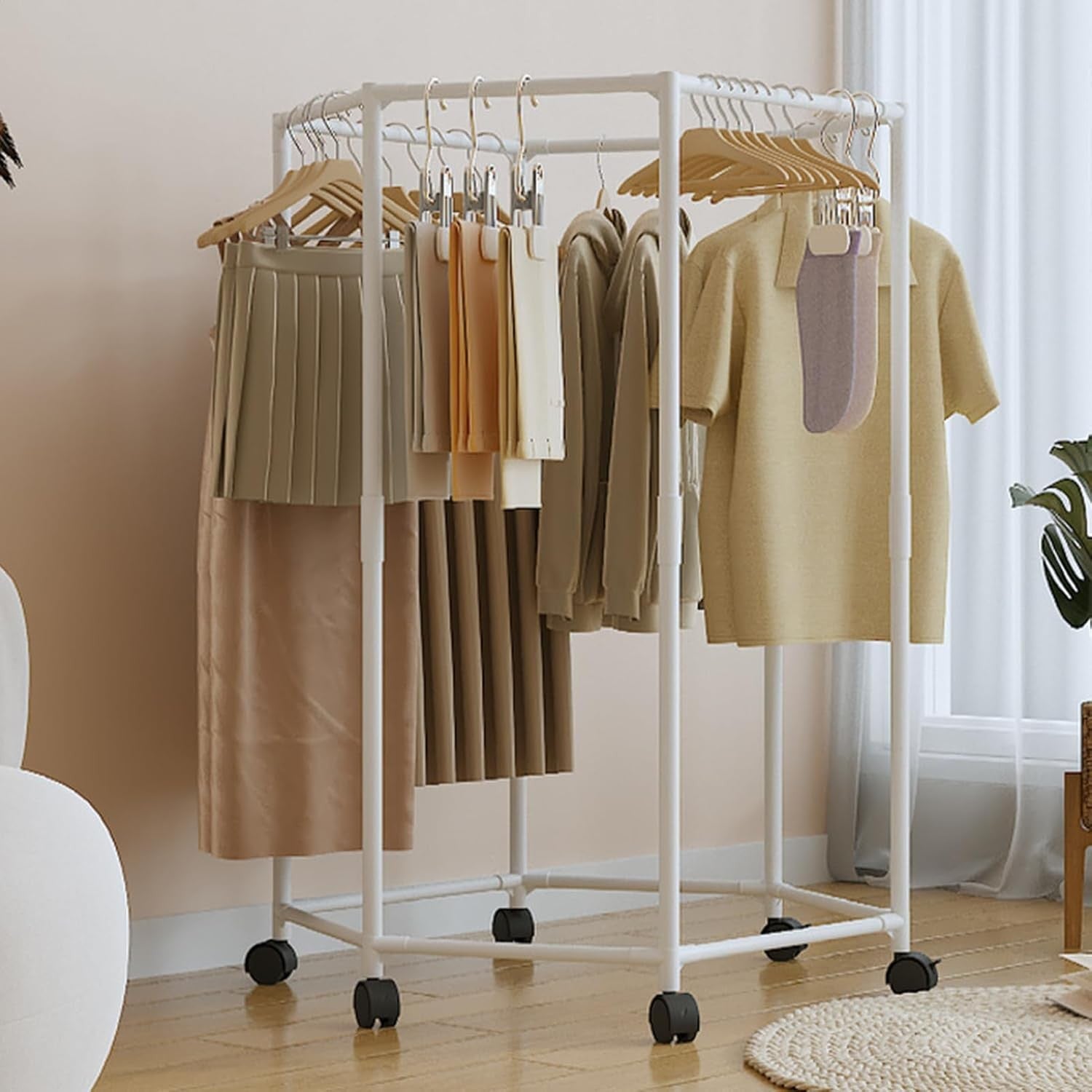 Hexagonal Clothes Drying Rack Rolling Laundry Rail Space Saving Indoor Outdoor