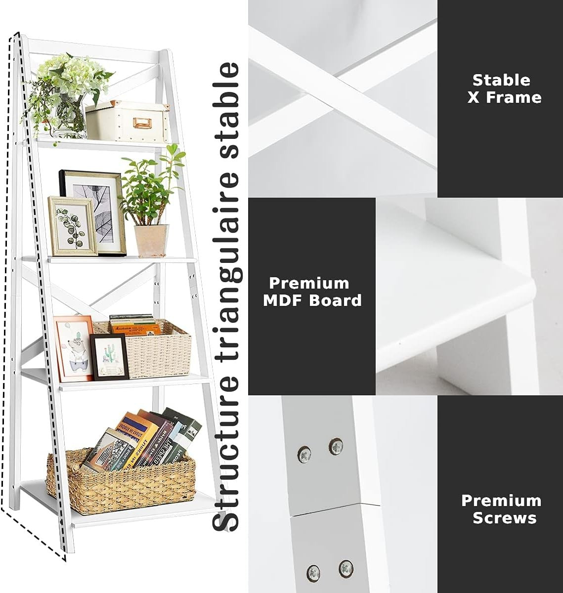 4 Tier Ladder Shelf Bookcase Leaning Display Storage Unit White