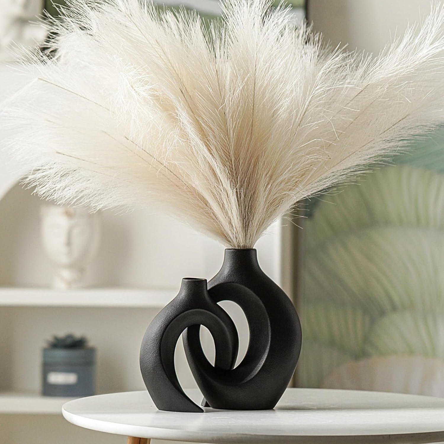 Matte Black Ceramic Vase Set of 2 Nordic Boho Pampas Flower Home Decor