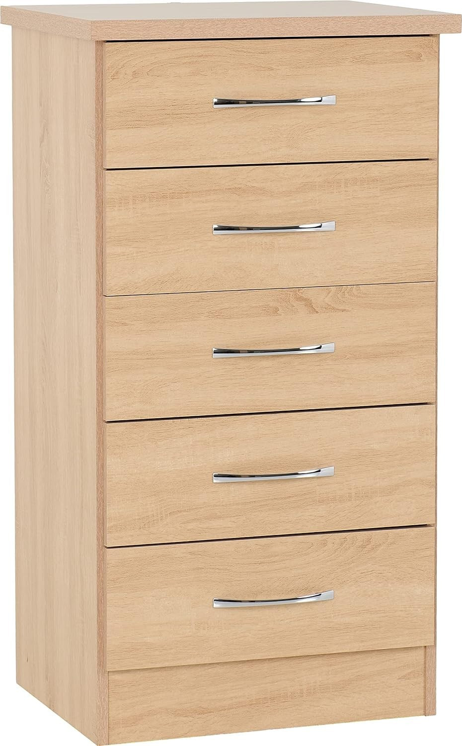 Slim Oak 5 Drawer Chest Tall Narrow Storage Unit for Bedroom Living Room