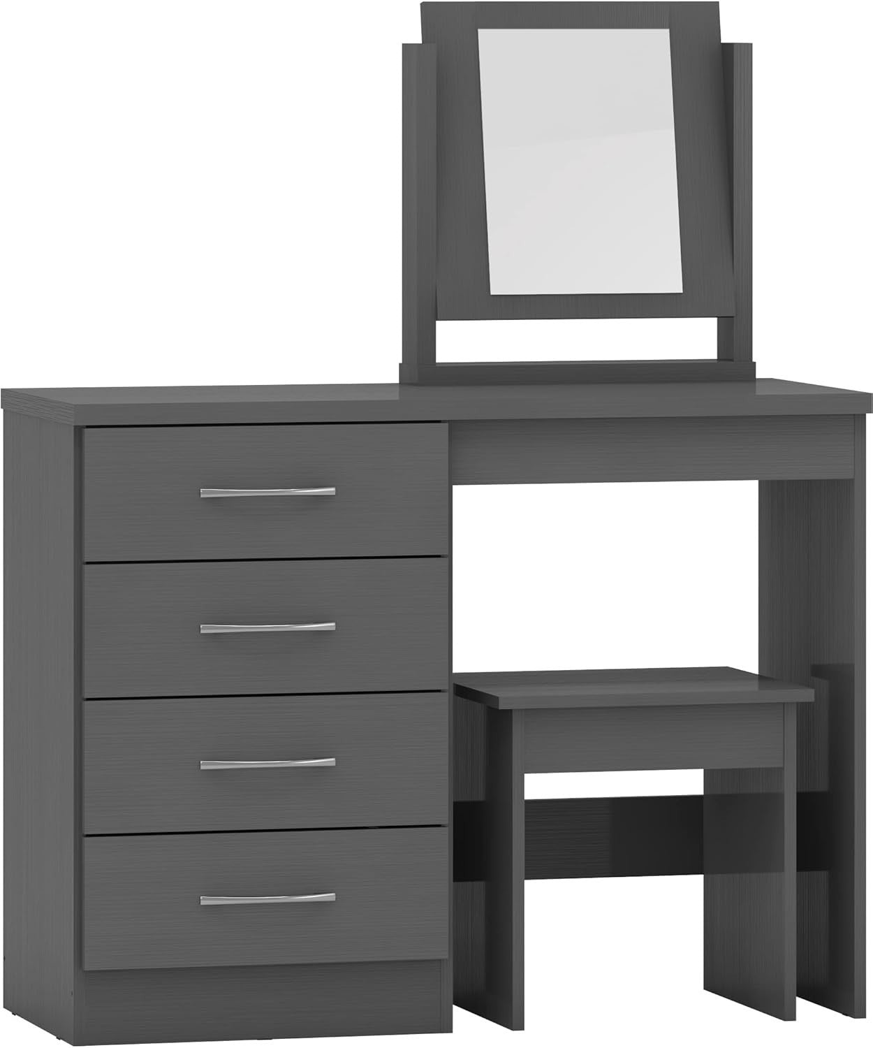 Modern Grey 4-Drawer Dressing Table Set Vanity Mirror & Stool Bedroom Furniture